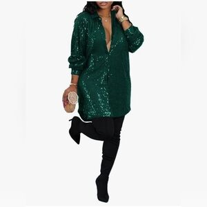 Vaceky Dark Green Sequin Button-Up Tunic Flirty Dress Sparkly Holiday Christmas